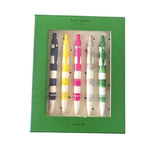 kate spade striped ink pen set in navy, yellow, pink, cream, and green